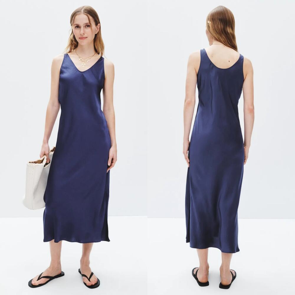 Nic + Zoe Day Gloss Bias Cut Tank Dress Sleeveless Side Slit Midi Navy Blue M